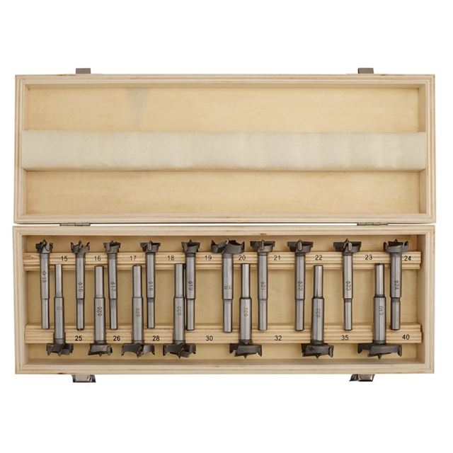 17-piece Forstner drill bit set by Draper, featuring metal bits in various sizes, neatly arranged in a wooden storage box with a light finish and labeled compartments.