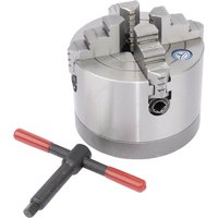 Silver Draper Four Jaw Independent Chuck with red-handled T-bar wrench, featuring adjustable jaws.