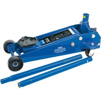 Blue Draper Garage Trolley Jack, 3 Tonne, with black saddle, two handles, and four wheels.