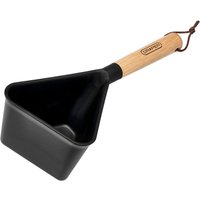 Black plastic Draper garden water ladle with a wooden handle and hanging loop.
