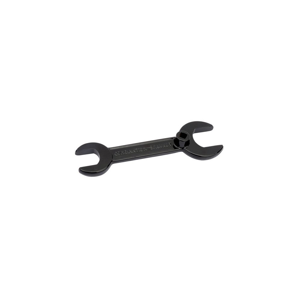 Black gas bottle key with two open-ended wrenches on either side, featuring a central hole for fitting, made of durable metal with a smooth finish.