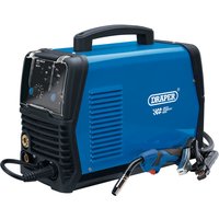 Blue Draper AC/DC MIG welder with black handle, control panel, and attached welding torch.