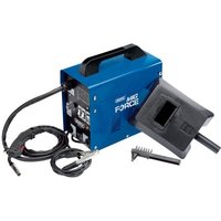 Blue Draper Gasless Turbo Mig Welder with black handle, attached cables, and welding mask.