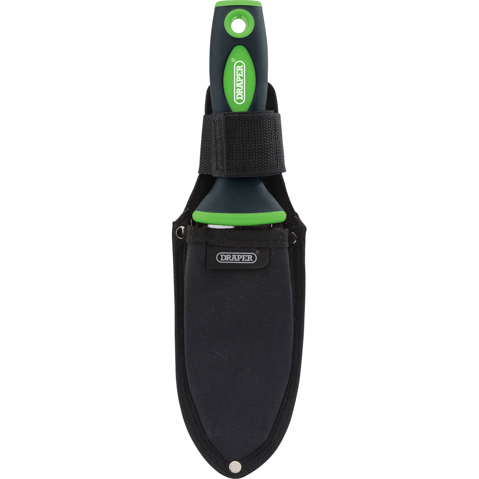Draper multi-purpose garden tool with a green and black handle, housed in a black fabric holster featuring a secure strap and a metal logo tag.