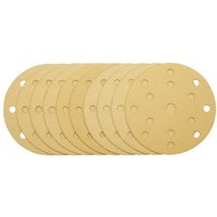 Gold Draper sanding discs 150mm with hook and loop backing, featuring multiple holes for dust extraction.