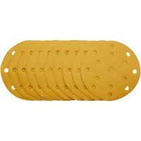 Gold sanding discs with hook & loop, 150mm, 320 grit, 15 dust holes, pack of 10, by Draper.