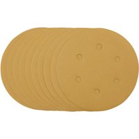 Gold Draper sanding discs, 150mm, 320 grit, with hook and loop backing, pack of 10 stacked neatly.