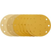 Gold Draper sanding discs, 150mm, assorted grits, 15 dust extraction holes, hook & loop backing, pack of 10.