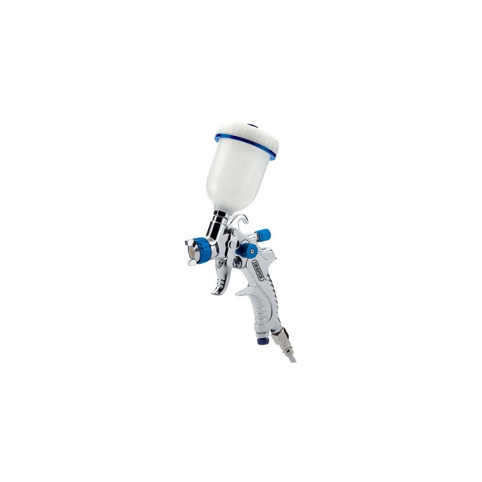 Draper 09708 gravity feed HVLP air spray gun features a white plastic paint cup, chrome body, and blue accents, designed for efficient and precise spraying.