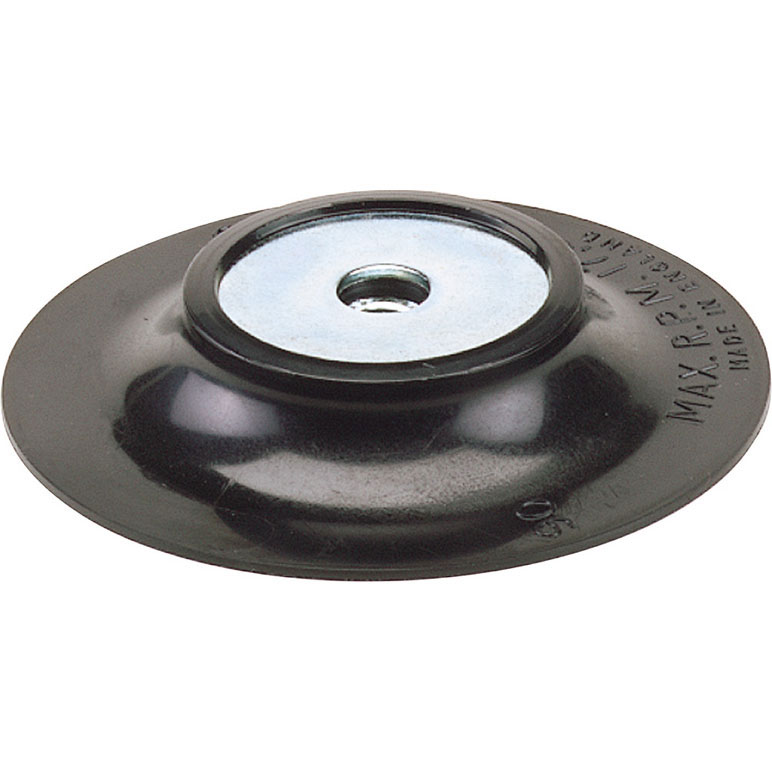 Black circular backing pad with a central metal attachment point, designed for 100mm grinding discs, featuring a smooth surface and sturdy construction.