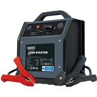 "Draper GT12 Jump Starter Power Pack, black and gray with red and black clamps, carrying handle, and control panel."
