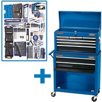 Blue Draper GTK2A workshop tool kit with wheeled chest, multiple drawers, and assorted tools including wrenches and screwdrivers.