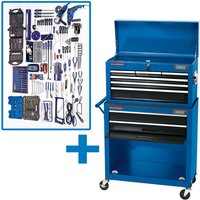 Blue Draper GTK2B workshop tool kit with assorted tools, two-tier tool chest, and rolling wheels.