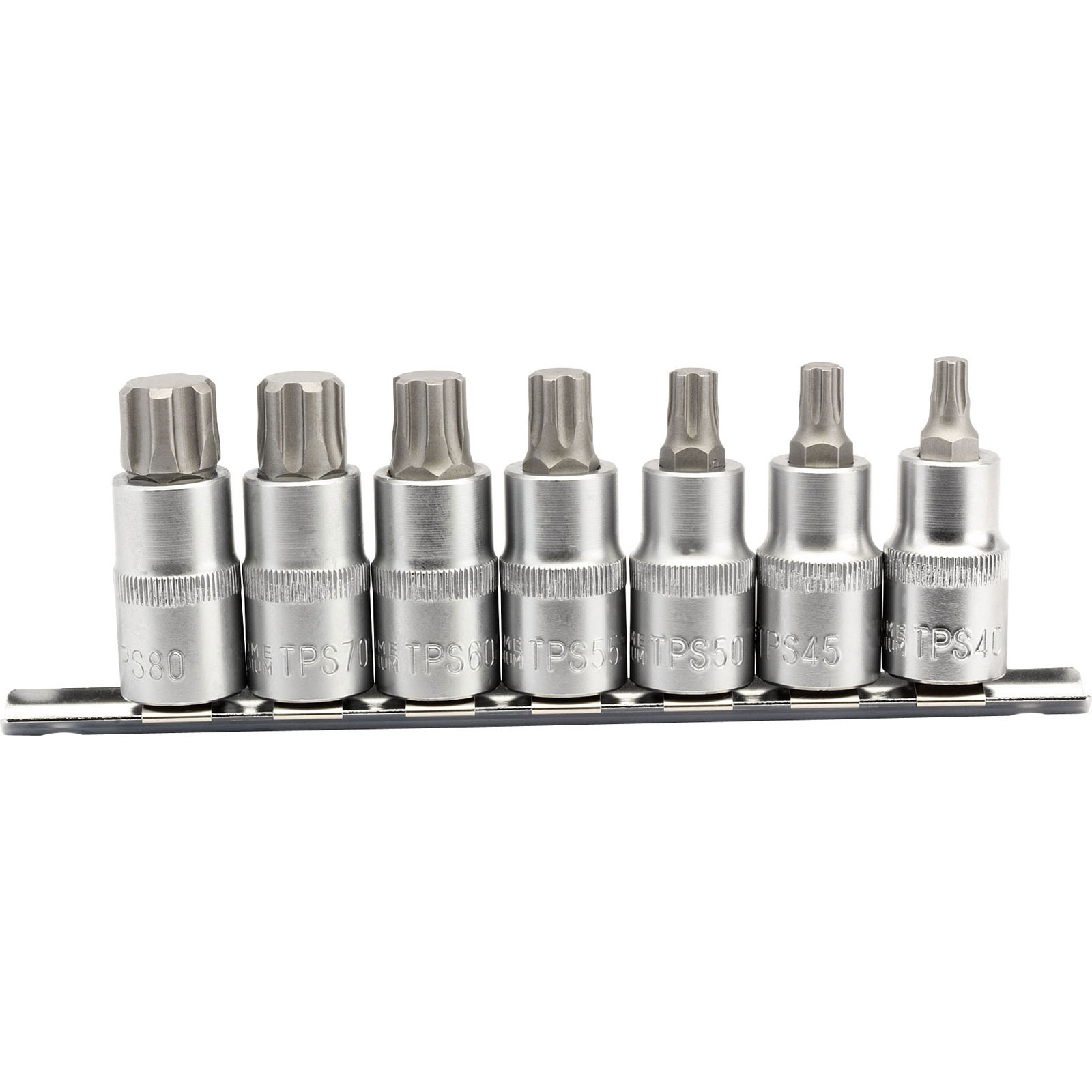 Seven silver TX-STAR® Plus socket bits in varying sizes, mounted on a black holder, featuring a shiny metallic finish and distinct star-shaped heads for secure gripping.