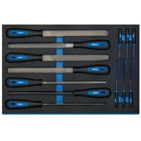 Draper hand file set with blue and black handles in a black EVA foam insert tray, featuring various file types.