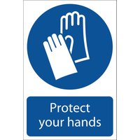Blue and white Draper hand protection sign with glove icon and text "Protect your hands" below.