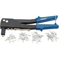 Black Draper hand riveter with blue handles, surrounded by scattered aluminium rivets.