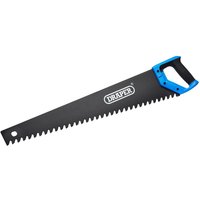 Black Draper hand saw with blue handle, serrated edge for cutting cellular concrete and soft stone.