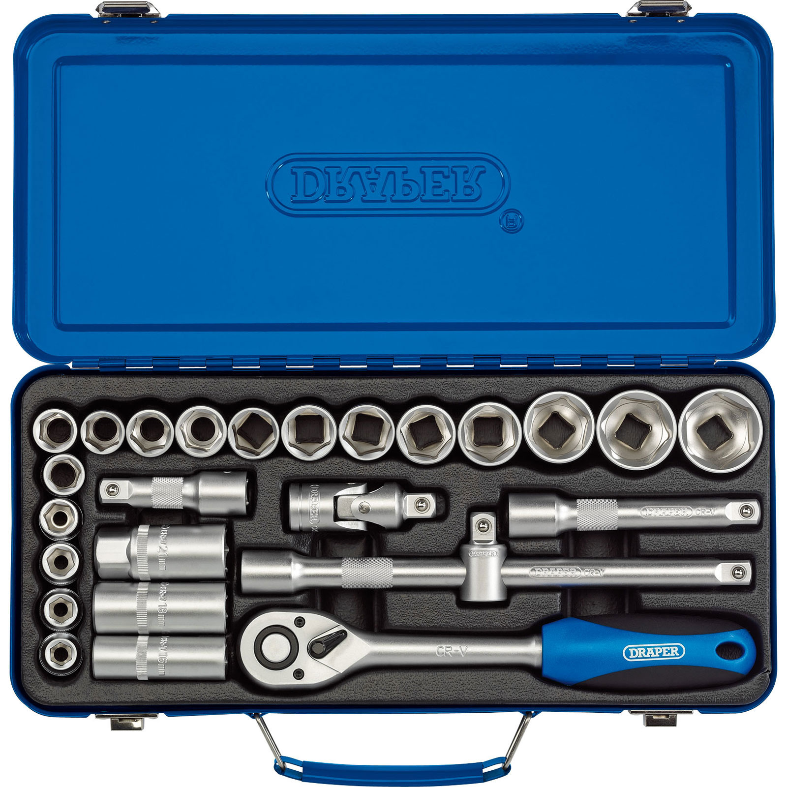Blue metal case containing a 26-piece Draper metric socket set, featuring shiny chrome sockets, a ratchet handle, and various extensions, all arranged in a black foam insert.