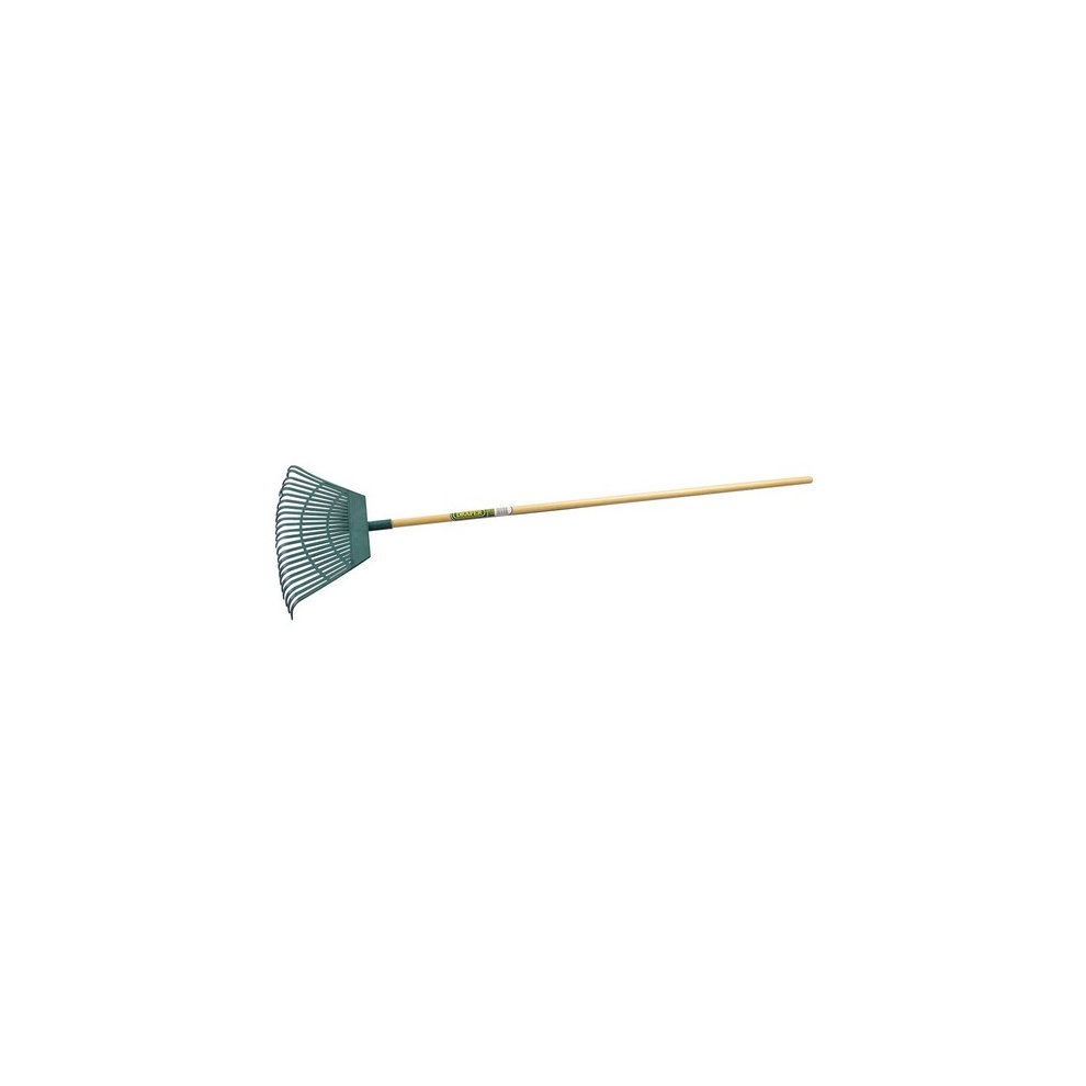 Green plastic leaf rake with a 550mm wide head and a wooden handle, designed for gathering leaves and debris in outdoor spaces.