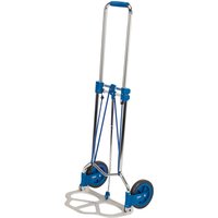 Blue and silver foldable sack truck with two wheels and a 125kg capacity.