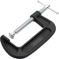 Black Draper heavy duty G-clamp with silver screw and T-handle, 100mm jaw opening.