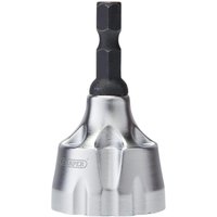 Silver Draper hex shank external deburring drill bit with a fluted design and black hexagonal shank.