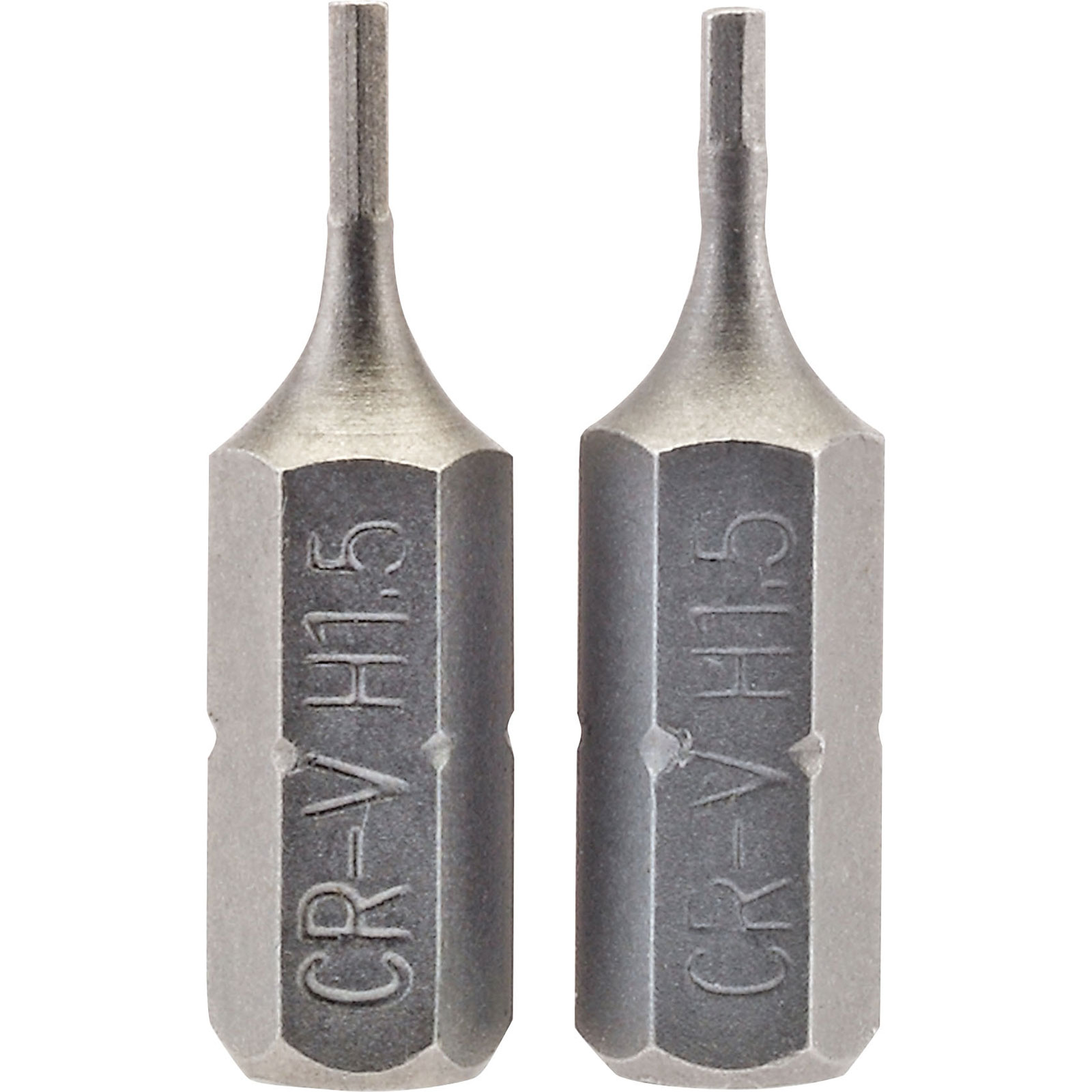 Two 1.5mm hexagonal insert bits with a 1/4" hex shank, made of chrome vanadium steel, featuring a silver metallic finish and engraved markings for size identification.