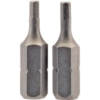 Draper hexagonal insert bits, 2.5mm, silver, 1/4" hex shank, 25mm long, pack of 2, metallic finish.