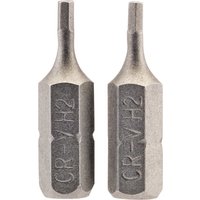 Two silver Draper hexagonal insert bits, 2mm, 1/4" hex, 25mm long, with CR-VH2 marking, pack of 2.