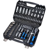 Black case with Draper HI TORQ 110 piece socket and bit set, featuring silver sockets, ratchets, and blue-handled tools.