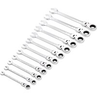 Silver Draper 12-piece flexible head ratchet spanner set with open and ring ends, arranged in size order.