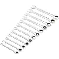 Draper Hi-Torq 12 Piece Ratchet Combination Spanner Set, silver wrenches with open and ratchet ends, arranged in size order.