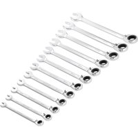 Silver Draper 12-piece reversible ratchet spanner set with open and ring ends, arranged in size order.