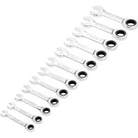 "Draper Hi-Torq 12 Piece Stubby Ratchet Combination Spanner Set, silver, compact design with open and ratchet ends"