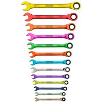 Colorful Draper HI TORQ 13-piece ratchet spanner set with open and ring ends, featuring various sizes and vibrant finishes.
