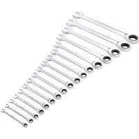 "Draper Hi Torq 17 piece ratchet combination spanner set, silver wrenches with open and ratchet ends in ascending size order"