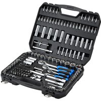 Black Draper tool case with 188-piece socket and bit set, including ratchets, sockets, and blue-handled screwdrivers.