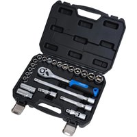 Black Draper HI TORQ 23 piece socket set with ratchet handle, hexagon sockets, and extensions in a sturdy case.