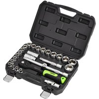 Draper HI TORQ 27 Piece 1/2" Drive Hexagon Socket Set in black case with silver sockets and green-handled ratchet.