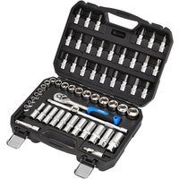 Draper HI TORQ 58 Piece 3/8" drive socket and bit set in a black case with silver sockets and blue-handled ratchet.