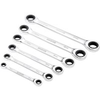 Draper Hi Torq 6 Piece Double Ratchet Ring Spanner Set, silver, varying sizes, with dual ratcheting ends.