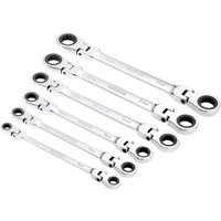 Silver Draper 6-piece flexible head double ring ratchet spanner set with varying sizes, polished finish, and black accents.