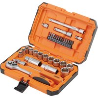 Orange Draper HI-TORQ socket set with ratchets, extensions, and sockets in a sturdy case.