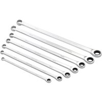 Draper Hi Torq 7 piece extra long double ring ratchet spanner set, silver with varying sizes and polished finish.