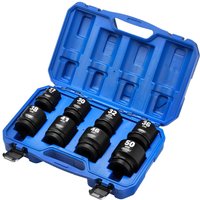 Draper HI TORQ 8-piece black hexagon impact socket set in a blue plastic case with labeled sizes.