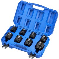 Blue plastic case with eight black hexagon impact sockets, labeled sizes, and secure latches, by Draper.