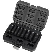 Black Draper Hi Torq 8 Piece 3/8" Drive Deep Hexagon Impact Socket Set in a sturdy black plastic case with secure latch.