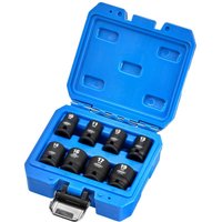 Blue case with Draper Hi Torq 8 piece 3/8" drive hexagon impact socket set, black sockets with size markings.