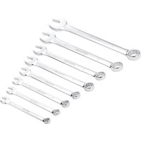 "Draper HI TORQ 8 Piece Combination Spanner Set, polished silver wrenches with open and ring ends, various sizes."